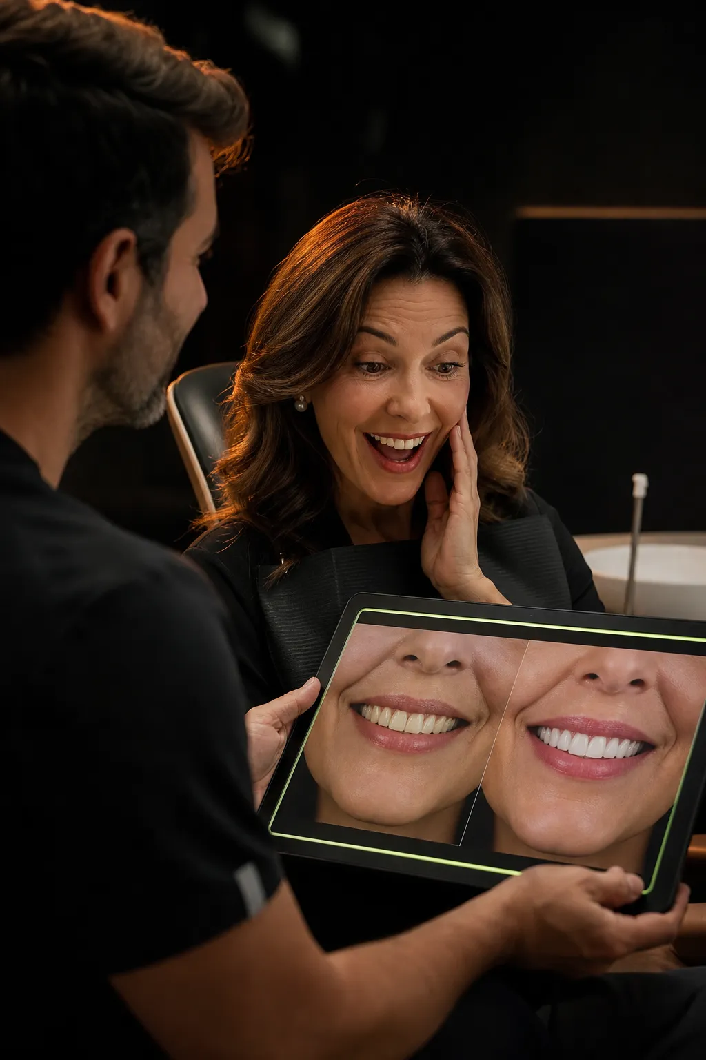 Dentista apresentando o caso no Zmile Pitch enquanto a paciente vê o próprio sorriso e reage encantada